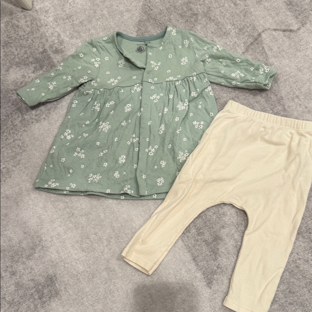 Petite Bateau Floral Green Baby Dress and Cream Pants Set